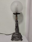 Antique Art Nouveau Spelter Figural Lamp Base Maiden Lion Shield Glass Shade