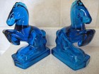 L e  Smith Pr Vtg-mcm Aqua Blue 8  Rearing Horse Glass Bookends Gorgeous Ex 