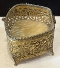 Vintage Gold Tone Ormolu Filigree Beveled Glass Footd Trinket Box Jewelry Casket