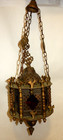 Vintage Moorish Moroccan Brass Pierced Hanging Lantern Colored Glass Lamp