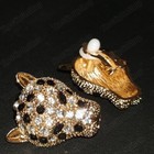 Clip On Leopard Head Crystal Earrings Jet white Stones Gold Fashion Vintage Styl