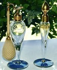 Antique Devilbiss Clear Etched Glass Blue Gold Perfume Atomizer Set 1920 Rare