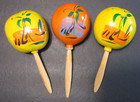 Vintage Set Of 3 Handmade Mexican Maracas Hand Painted Scene - Yellow   Orange