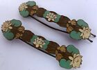 Pair Antique Art Nouveau Enameled Turquoise   Cream Enamel Hair Barrette Clip
