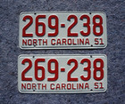 1951 North Carolina License Plate Plates Pair   Set