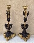 Pair Of Antique Gilt And Patinated Bronze Candlesticks Triangular Base 19th C