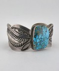 1920 s Chiseled Ingot Coin Silver Navajo Lone Mountain Turquoise Cuff Bracelet