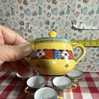 Toy Yellow Floral Enamelware 5 Cups creamer  Sugar W lid 6pc German Made  65 