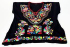 Mexican Black Colorful Handmade Embroidered Huipil Woman s Medium Blouse Shirt