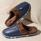 Men s Big Size Pu Leather Waterproof Winter Slippers Fur Lined House Shoes