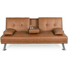 Faux Leather Futon Sofa  Modern Style  Cupholders  Pillows  Metal Frame Couch