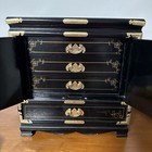 Vtg Large Black Lacquer Jewelry Box Chinoiserie Japanese Theme Hand Painted