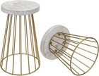 Whitewashed Wood And Vintage Brass Tone Metal Pedestal Display Stands  Set Of 2