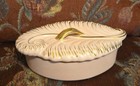 Vtg Mcm Hollywood Regency Pink Gold Trinket Box Jewelry Dish W Feather Leaf Lid