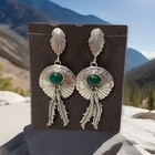 Vintage Navajo Sterling Silver Natural Malachite Feather Concho Dangle Earrings