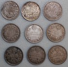 Nine 1912 - 1920 Canada 5 Cents Silver Coin Circulated 5c Canadian 9-coin Lot