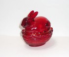 Mosser Glass Red Easter Bunny Rabbit On Nest Basket Candy Dish Box New Color