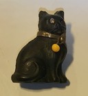 1930s Antique Czech Black Glass Kitty Cat Cracker Jack Charm Collar Orange Bead