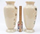 Bristol Glass Antique Mantel Vases 14  Pair Hand Painted Gold Floral Beige