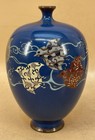 Japanese Meiji Silver Wire Blue Cloisonn   Vase With Birds   Clouds