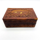 Vtg Hand Carved Wooden Trinket Box Inlaid Flower Hinged Lid Felt Lining India