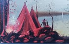 Red Teepee Vtg Native American Indian Hudson River Antique Art Oil Painting