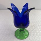 Vintage 7    Hand Blown Art Glass Tulip Candle Holder Vase Cobalt Blue   Green
