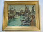 Vintage Antique Oil Painting American Regionalism Nautical Port Coastal Boats