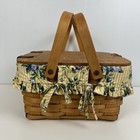 1996 Longaberger Large Picnic Basket Wood Lid Blue   Yellow Floral Liner Vintage
