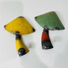 Vintage Retro Metal Mushroom Wall Hooks Yellow Green Distressed Hippie Mod 