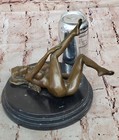Signed Real Bronze Marble Base Bookend Sculpture Nude Girl Exposed Breasts Art
