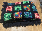 Vintage Handmade Granny Square Crochet Blanket Throw Black Multicolor Fr1nge