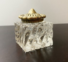 Vintage Clear Lead Crystal Square Inkwell Ornate Brass Lid Heavy Vmc