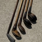 Antique Early 1900s Hickory Shaft Golf Woods And Iron 5 Piece Set 2 Brassies