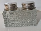 Antique Double Inkwell Hobnail Clear Glass Hinged Lids   Silver Plate Unique