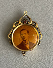 Antique Victorian Gold Filled Mourning Photo Necklace Pendant Ruby Stone