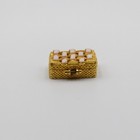 Vintage Mid Century Gold Tone Basketweave Pill Box Pink Cabochon Stones 41grams