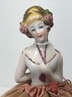5    Antique German Bisque Half 1 2 Doll Pin Cushion Gold Hat W  Roses  x