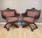Antique French Pair Of Renaissance Upholstered Oak Throne Chairs