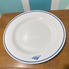 Amtrak White Dinnerware Set W  Blue Rim stripe Logo Plates Bowls Cup Plastic