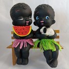 Black Americana Children On Bench Ceramic Figures Hand Painted Folk Art Vtg