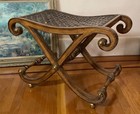 18 5    Hollywood Regency Curule Stool Bench Woven Leather Seat Brass Ball Accents