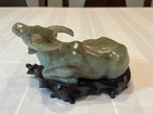 Antique Chinese Green Jade Carved Ox With Wood Stand