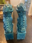 Vintage Glazed Turquoise Blue Foo Dogs Pair Grandmillenial Asian