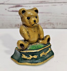 Vintage Cast Iron Green And Gold Painted Teddy Bear Door Stop 3 5  Tall