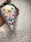 Strawberry   Pincushion Emery Vintage Hand Embroidered Florals Pastel 4-3 4   