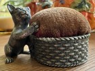 Vintage Cute Pin Cushion Kitten Kitty Woven Basket  Cast Pewter Figural Patina