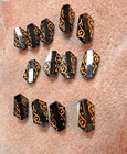 13 Antique Victorian Black Glass Hexagonal Buttons 5 8  Gilt Inset Swirl Design