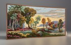 Vtg Xl 32x17    Needlepoint Landscape Tapestry Framed Wall Art Countryside Cabin