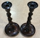 Pair Of 12 Inch Antique English Oak   Brass Barley Twist Candlesticks